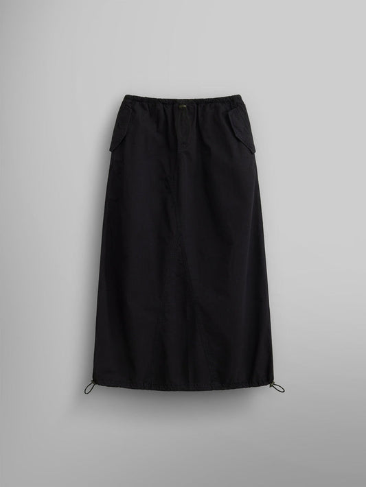 The Women's Drawcord Skirt by Alpha Industries features a black mid-length design with a drawstring hem and bungee waistband.