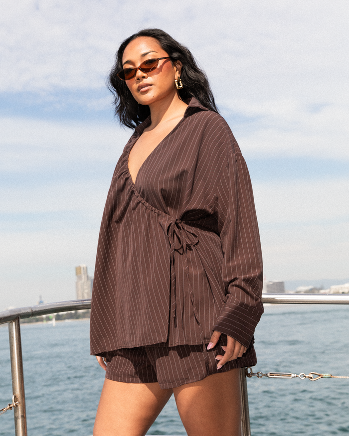 Elle Long Sleeve Top | Chocolate Pinstripe