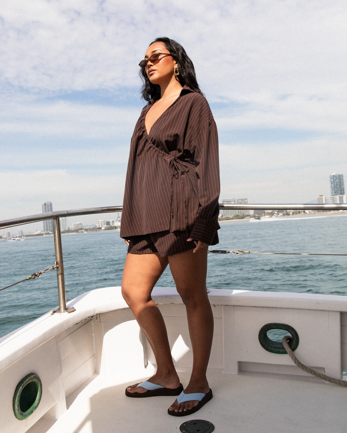 Elle Long Sleeve Top | Chocolate Pinstripe