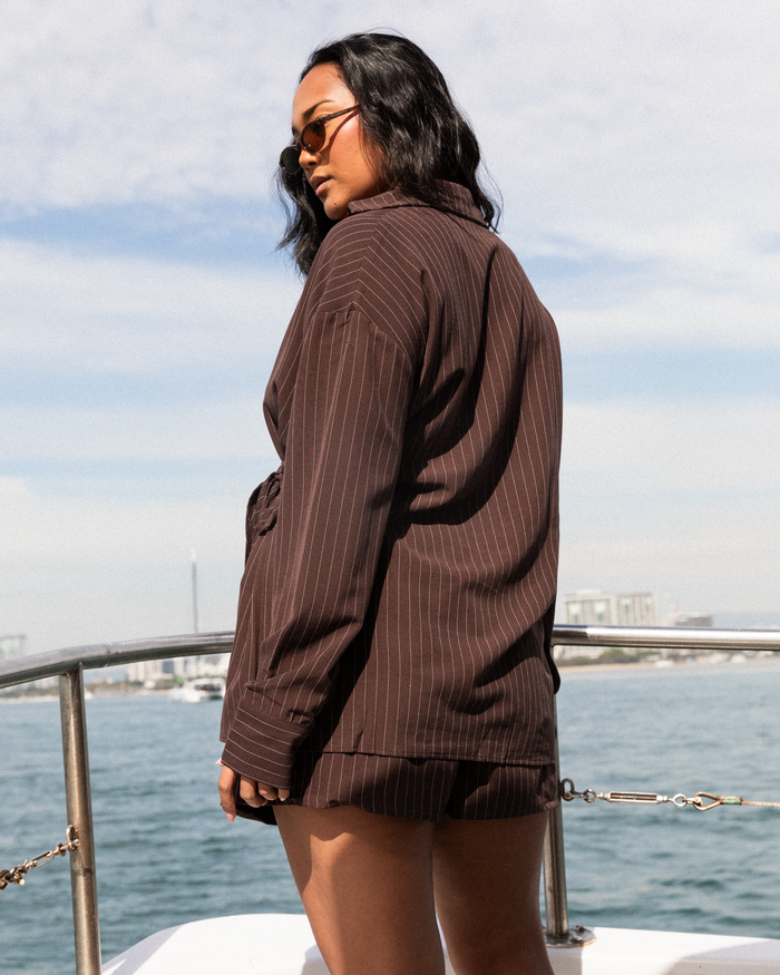 Elle Long Sleeve Top | Chocolate Pinstripe