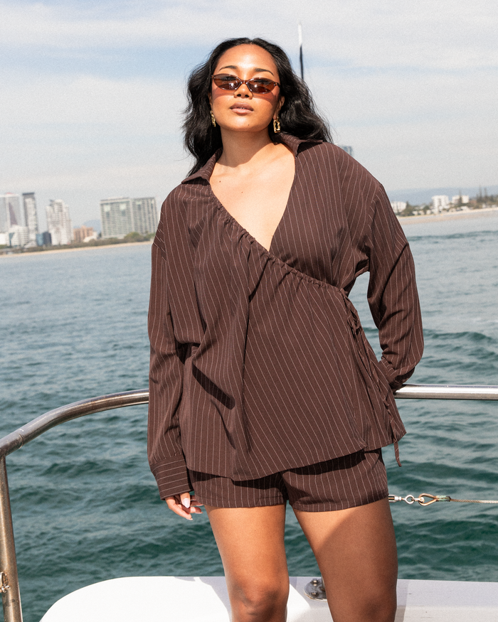 Elle Long Sleeve Top | Chocolate Pinstripe