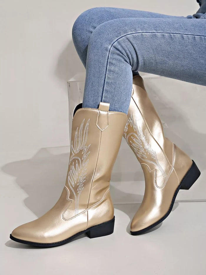Embroidered Block Heels Boots