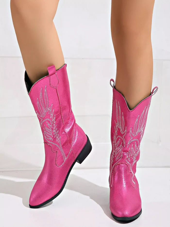 Embroidered Block Heels Boots