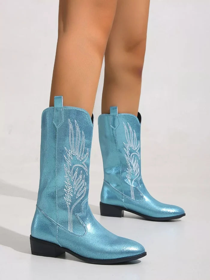 Embroidered Block Heels Boots