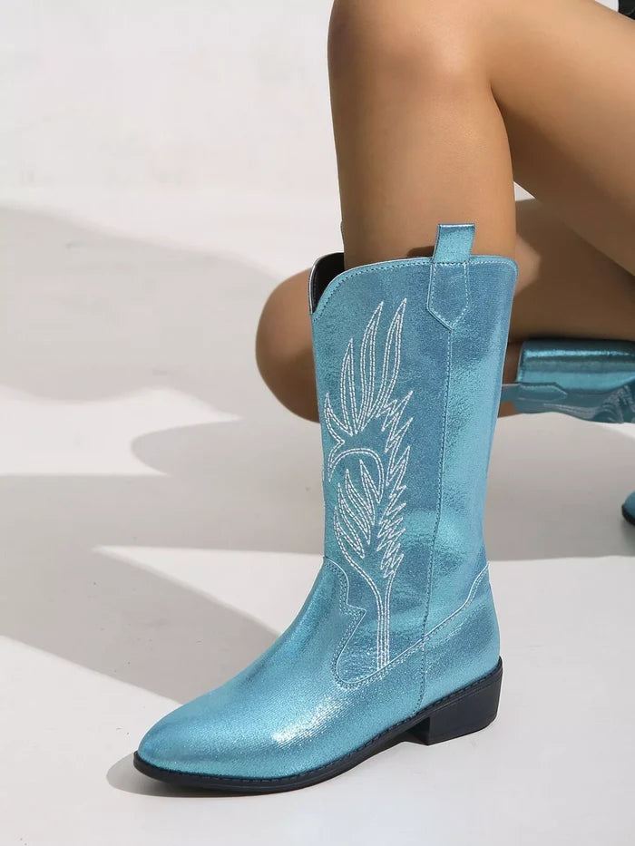 Embroidered Block Heels Boots