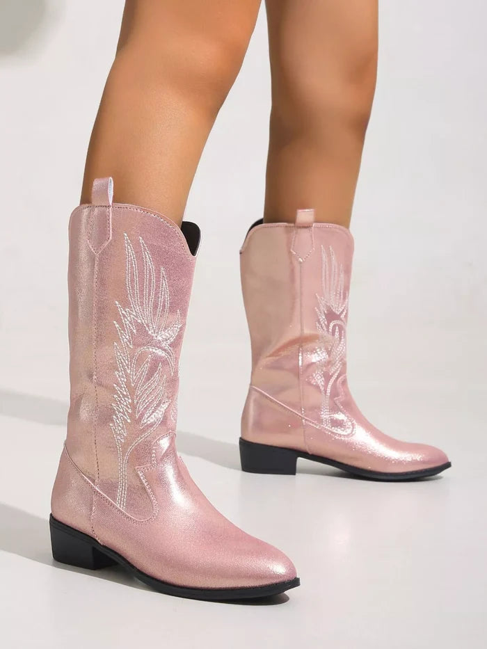 Embroidered Block Heels Boots