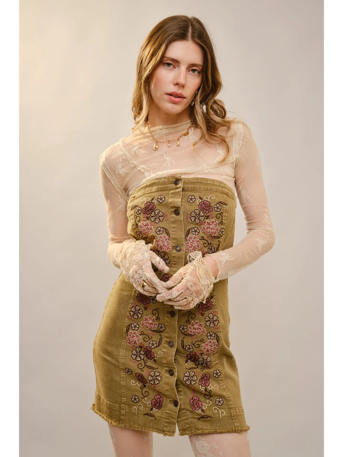 Embroidered Button Up Tube Denim Dress - Greige Goods