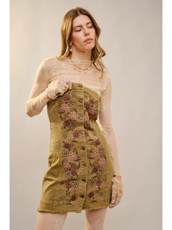 Embroidered Button Up Tube Denim Dress - Greige Goods