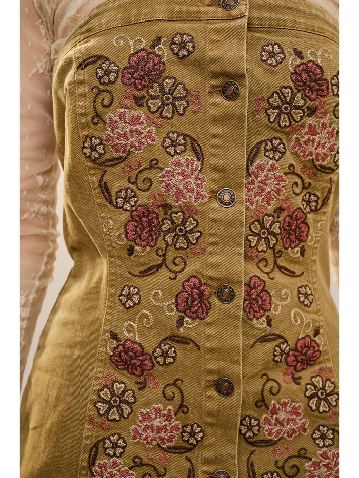Embroidered Button Up Tube Denim Dress - Greige Goods