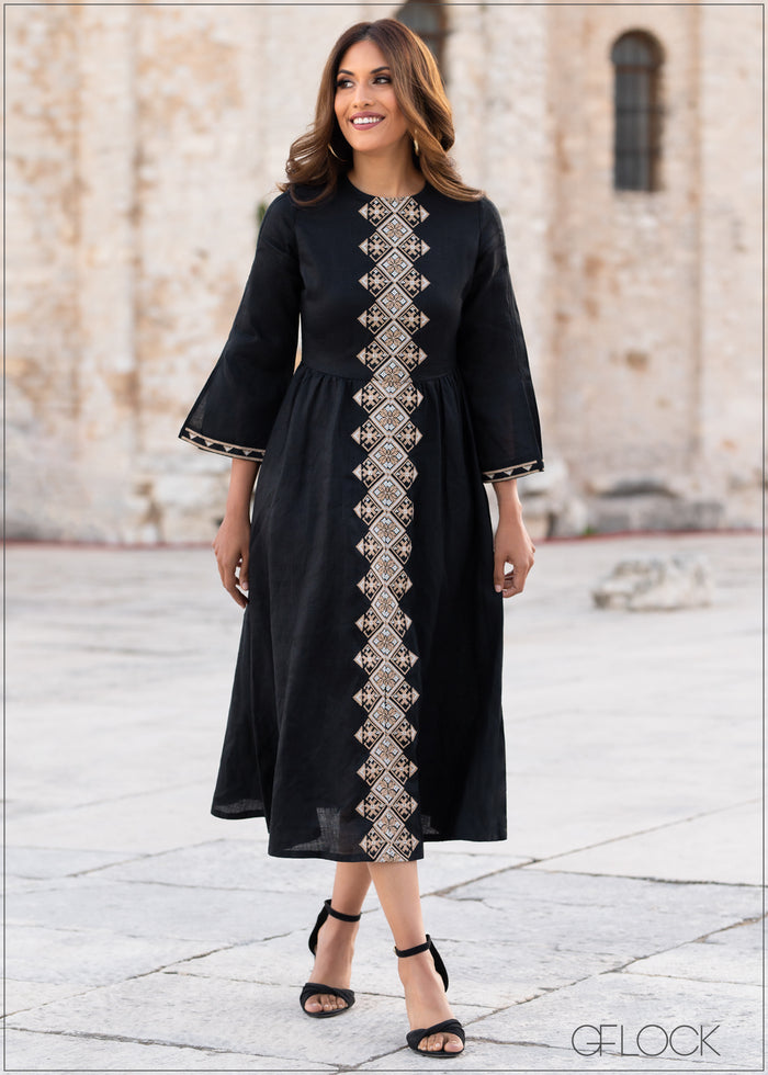 Embroidered Linen Maxi Dress - 0808