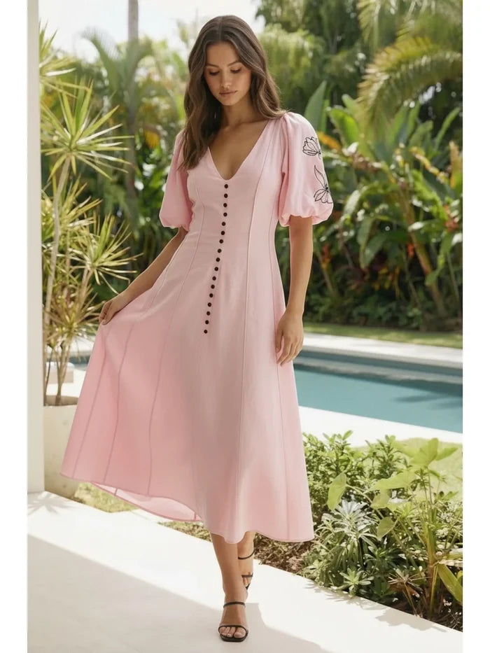 Embroidered Puff Sleeve Dress - Greige Goods