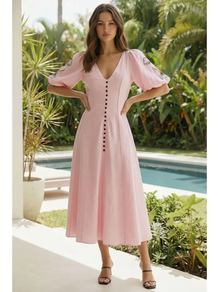 Embroidered Puff Sleeve Dress - Greige Goods