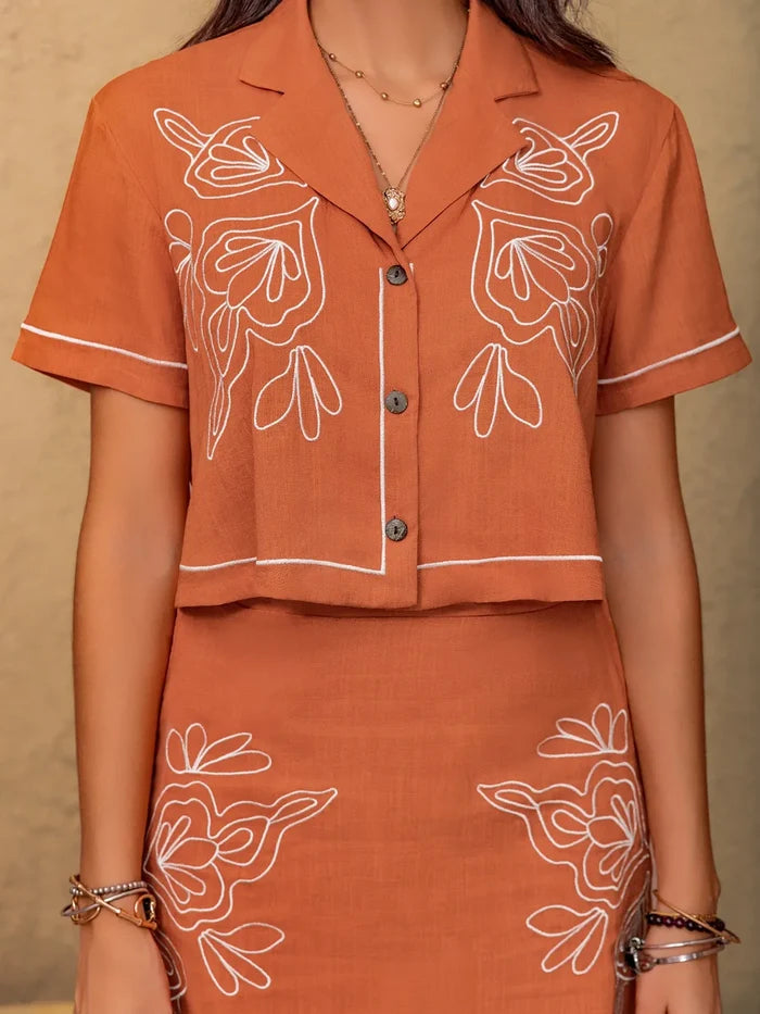 Embroidered Short Sleeve Top and Mini Skirt Set