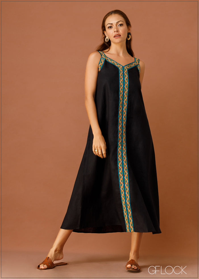 Embroidered Strappy Linen Dress - 170323