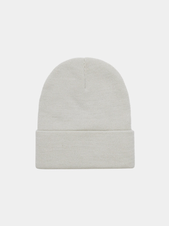 Alpha Industries Essential Beanie, light gray knit with folded brim and small Alpha Industries paper label.