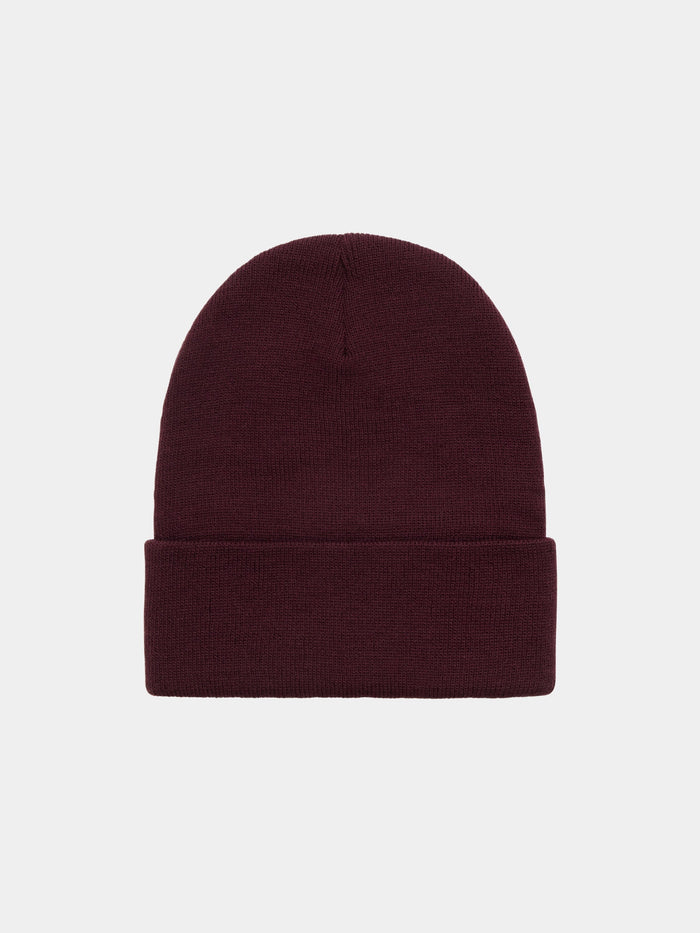 Alpha Industries Essential Beanie, dark burgundy knit hat with folded cuff and subtle Alpha label.