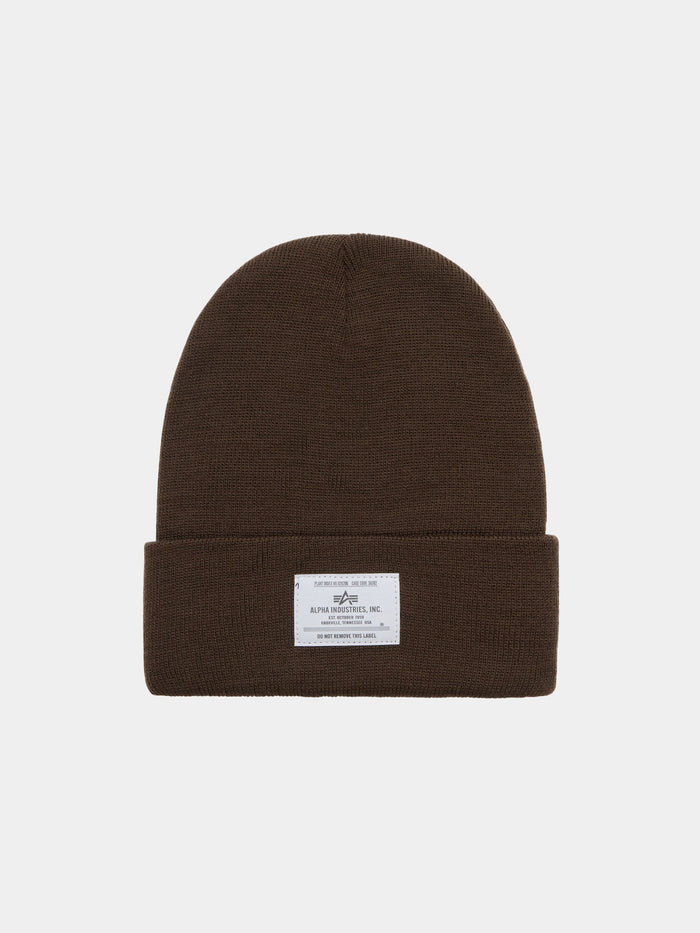 Essential Beanie by Alpha Industries in Espresso with folded brim and Alpha paper label on the front.