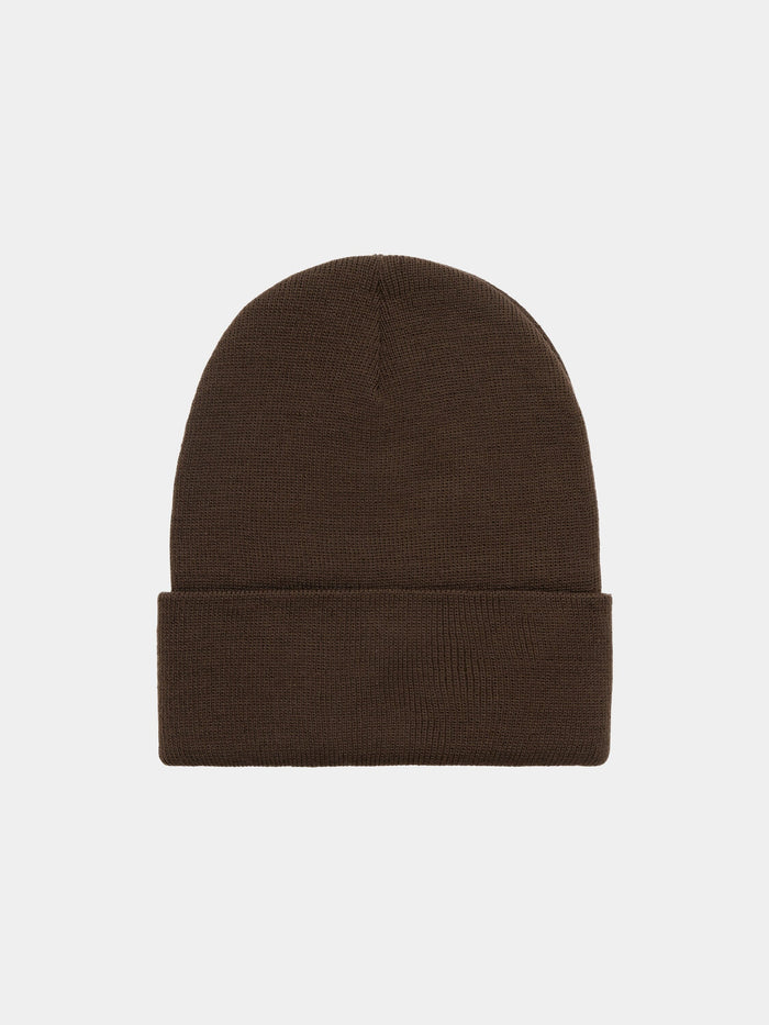 Essential Beanie by Alpha Industries, dark brown knit hat with folded brim and Alpha paper label.