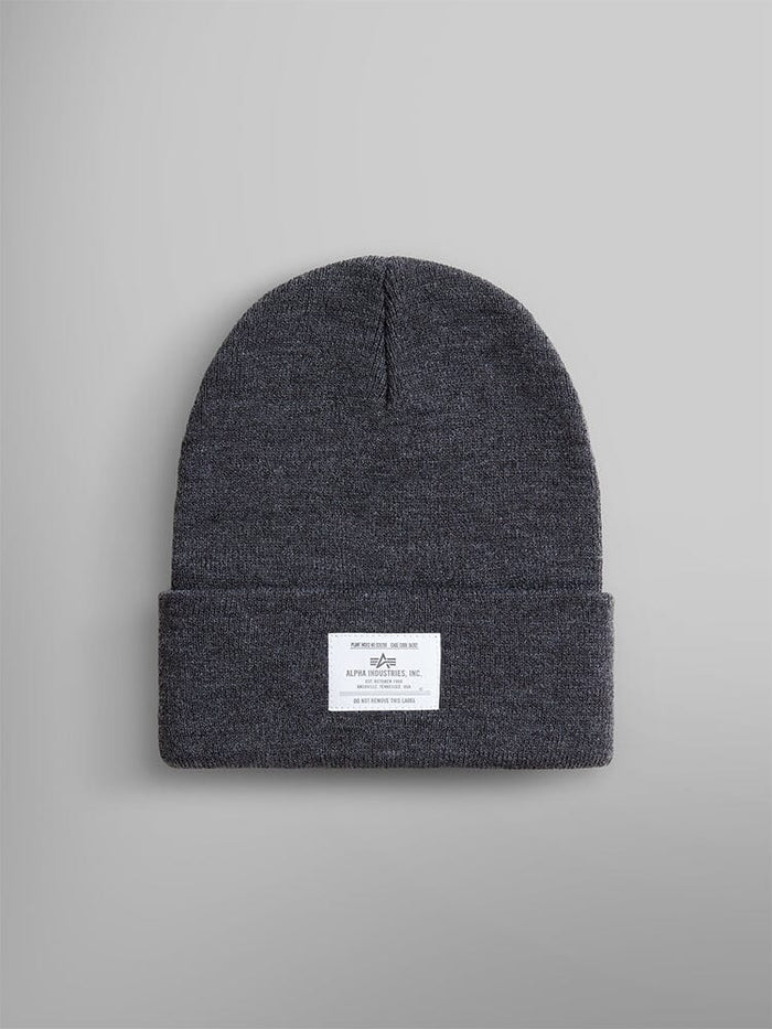 Essential Beanie by Alpha Industries in Medium Charcoal Heather with a folded brim and white Alpha paper label on the front.