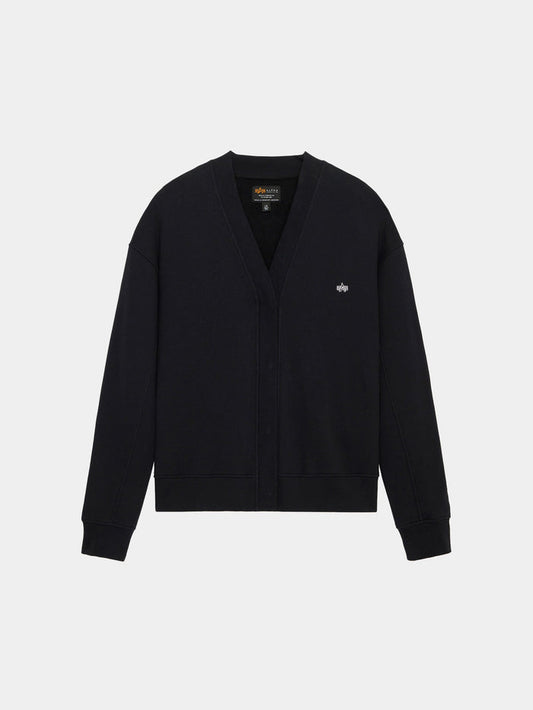 Alpha Industries Essential Cardigan, black V-neck with long sleeves, cotton-poly blend, small embroidered logo on left chest.