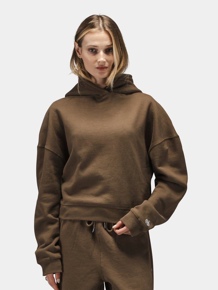 Alpha Industries Essential Cropped Hoodie Womens in brown with embroidered logo and matching sweatpants.