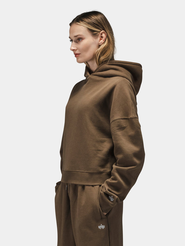 Alpha Industries Essential Cropped Hoodie Womens in brown with embroidered logo, matching pants.