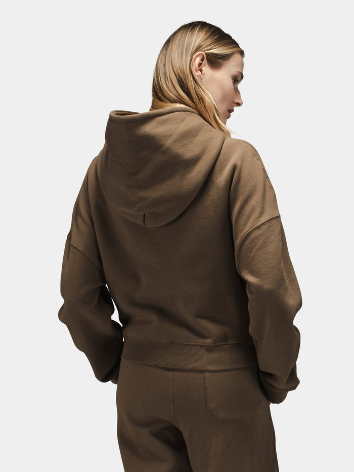 Alpha Industries Essential Cropped Hoodie Womens in brown with embroidered logo and matching pants.