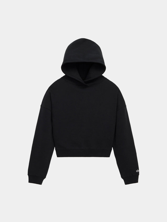 Alpha Industries Essential Cropped Hoodie Womens in Black with long sleeves, front pocket, and embroidered logo.