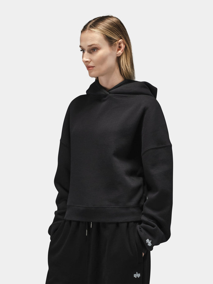 Alpha Industries Essential Cropped Hoodie Womens in black with matching pants; cotton blend, cropped fit, ribbed cuffs and hem.