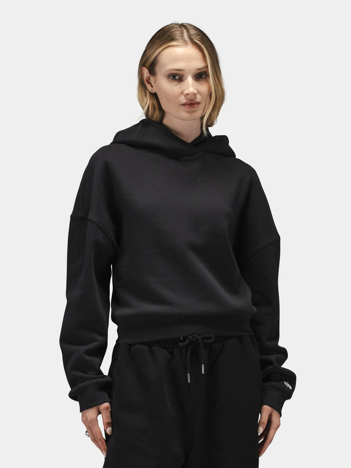 Alpha Industries Essential Cropped Hoodie Womens in black with matching black pants.
