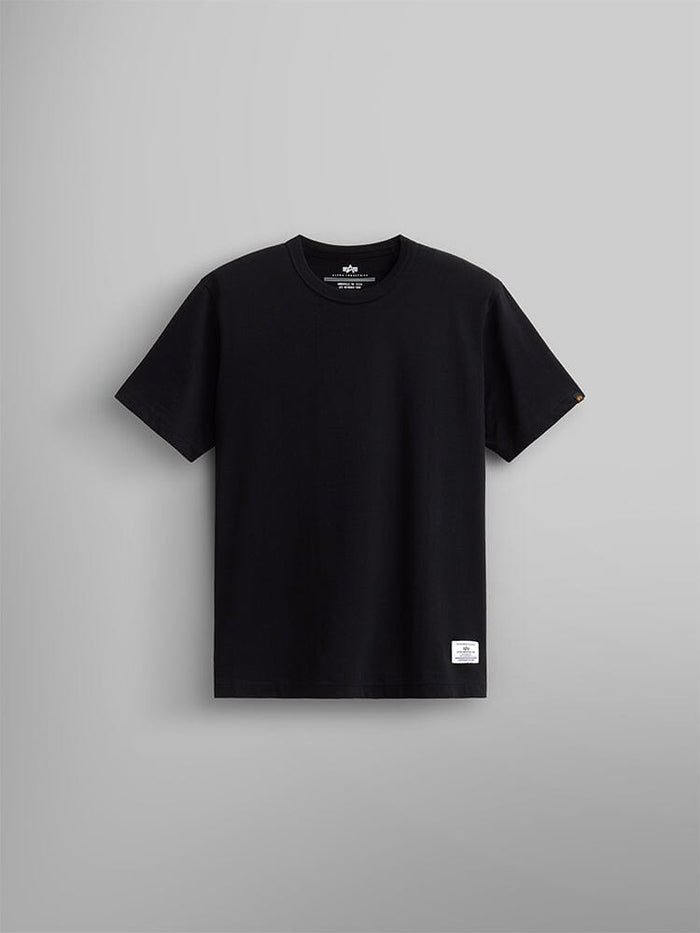 Alpha Industries Essential Relaxed Tee in Black, 210 gsm fabric, small white label at hem.