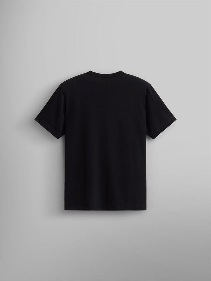 Alpha Industries Essential Relaxed Tee in black, made from 210 gsm fabric, shown with the back facing up.