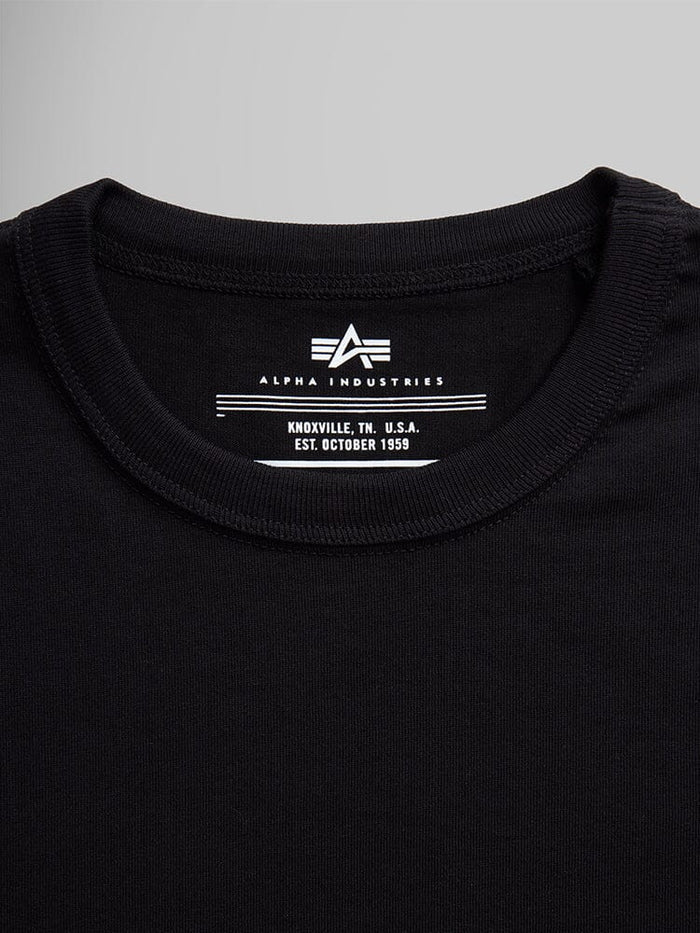 Black Alpha Industries Essential Relaxed Tee collar and neckline with printed brand logo and label inside.