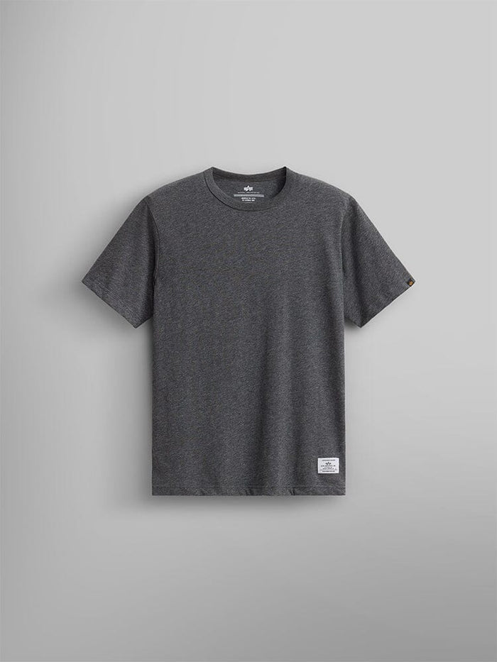 Alpha Industries Essential Relaxed Tee in Dark Charcoal Heather, crew neck, 210 GSM fabric, short sleeves, white label near hem.