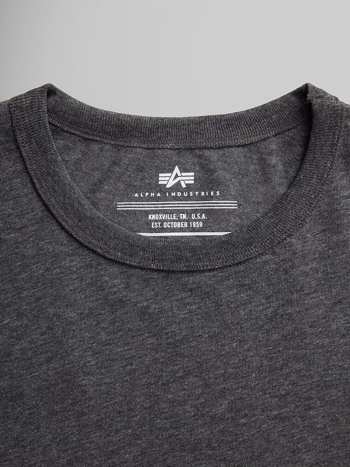Alpha Industries Essential Relaxed Tee in dark grey, collar and upper chest with printed label details inside.