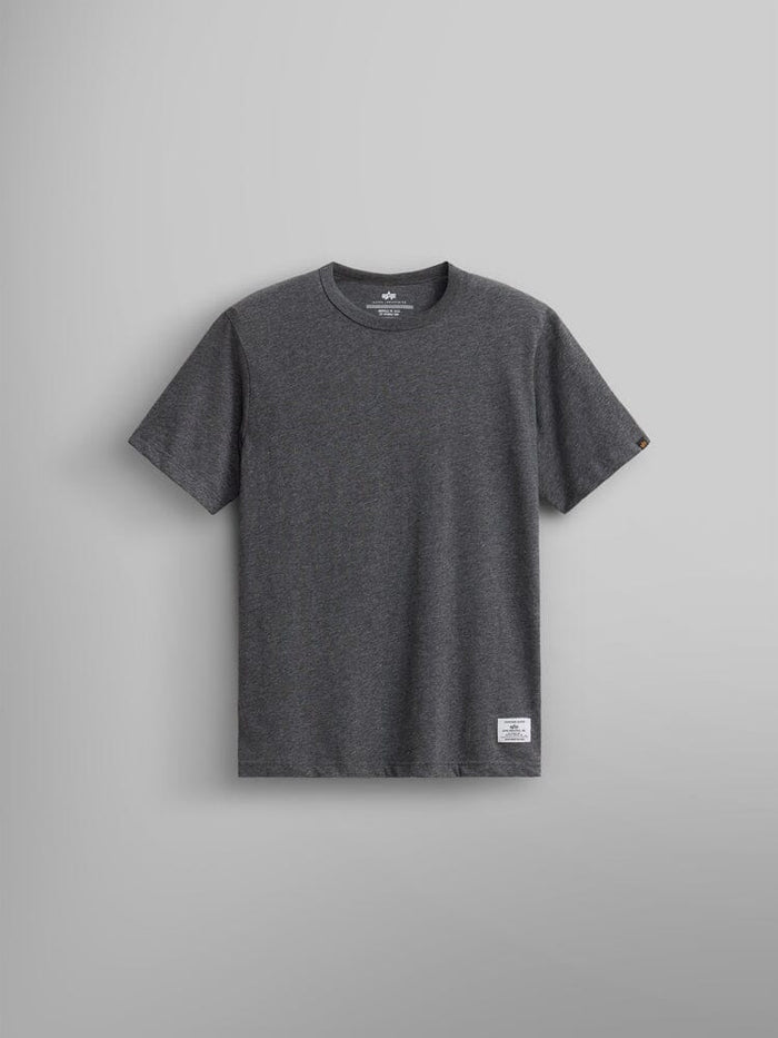 Alpha Industries Essential Tee in Dark Charcoal Heather, short-sleeve cotton crew neck with small white label near the bottom hem.