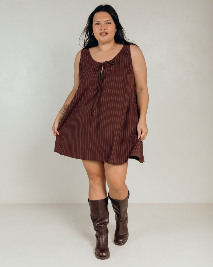 Evie Mini Dress in Chocolate Pinstripe - Breastfeeding Accessible Mini Dress - The Lullaby