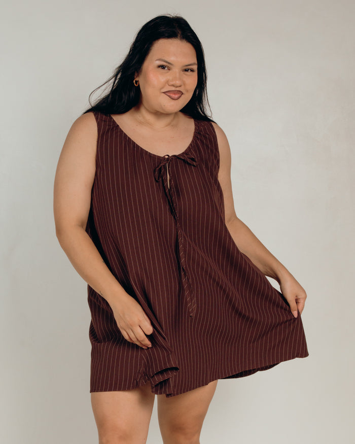 Evie Mini Dress in Chocolate Pinstripe - Breastfeeding Accessible Mini Dress - The Lullaby Club