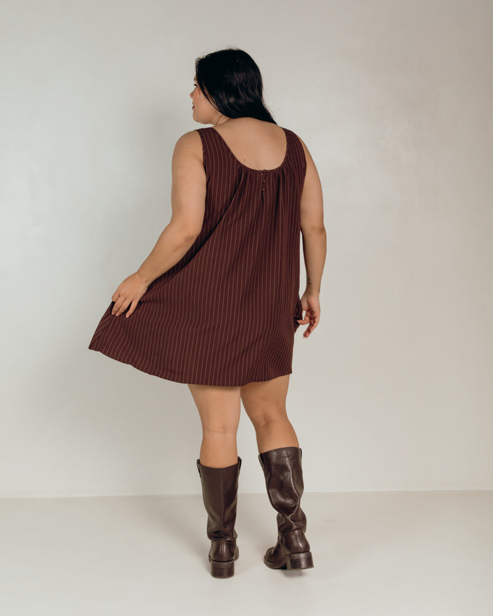 Evie Mini Dress in Chocolate Pinstripe - Pregnancy and Postpartum Friendly Mini Dress - The Lullaby Club