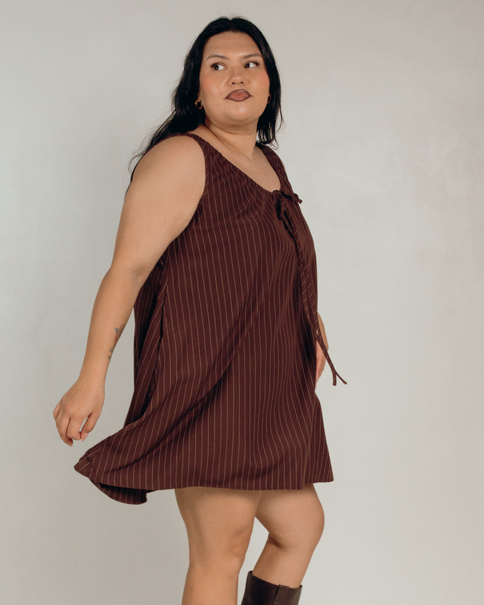 Evie Mini Dress in Chocolate Pinstripe - Maternity and Postpartum Friendly Mini Dress - The Lullaby Club