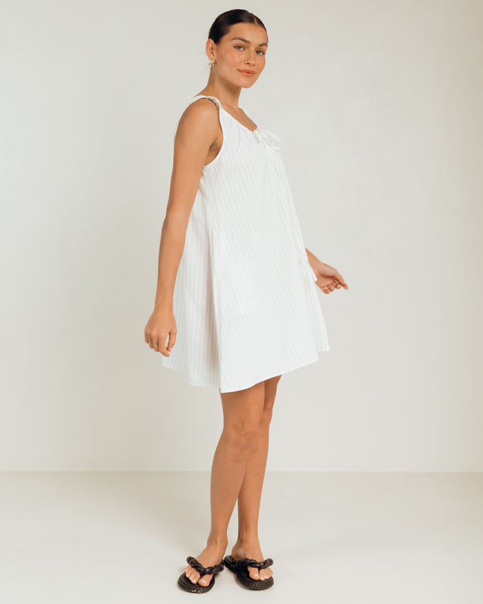 Evie Mini Dress in White Pinstripe - Flowy Mini Dress - The Lullaby Club
