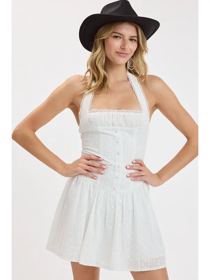 Eyelet Print Halter Lace Mini Dress - Greige Goods