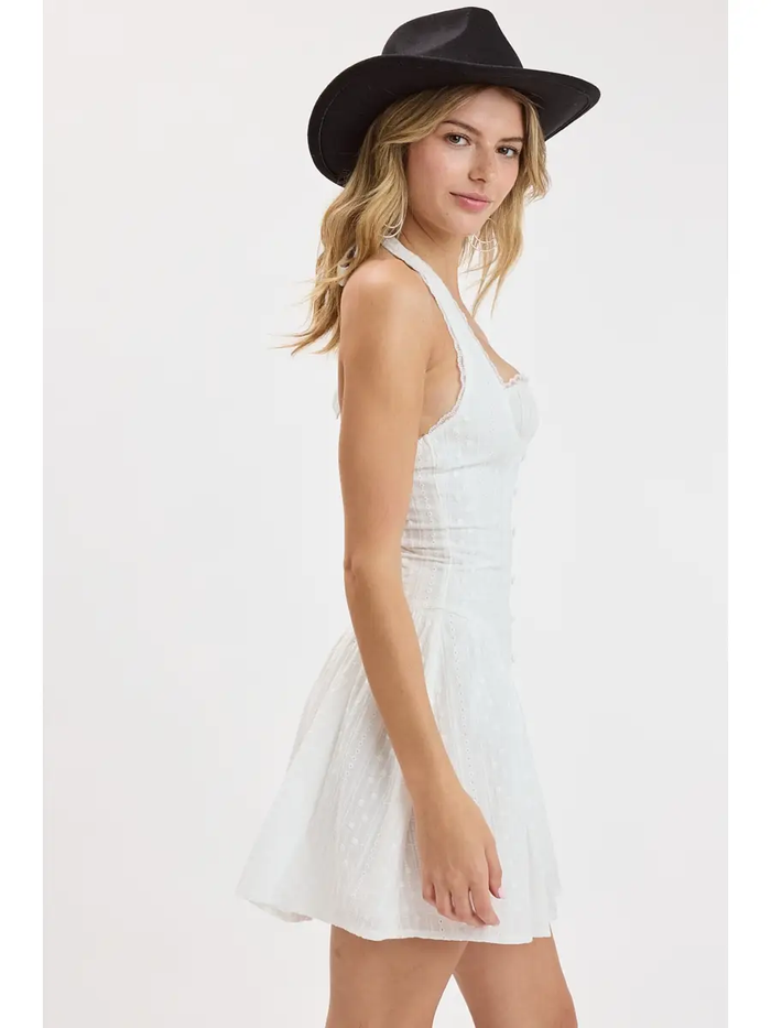 Eyelet Print Halter Lace Mini Dress - Greige Goods