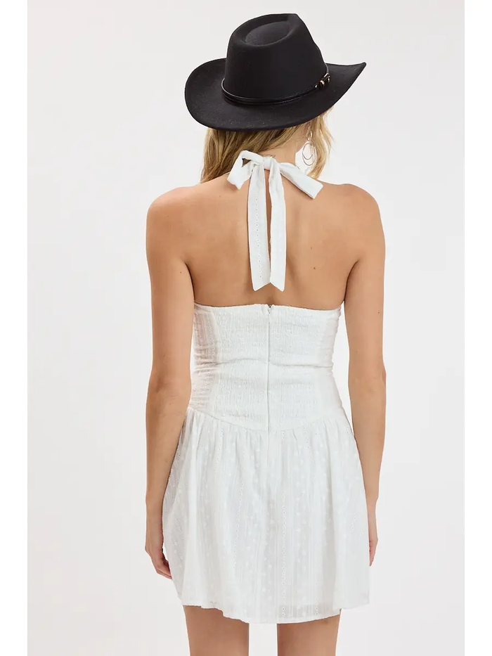 Eyelet Print Halter Lace Mini Dress - Greige Goods