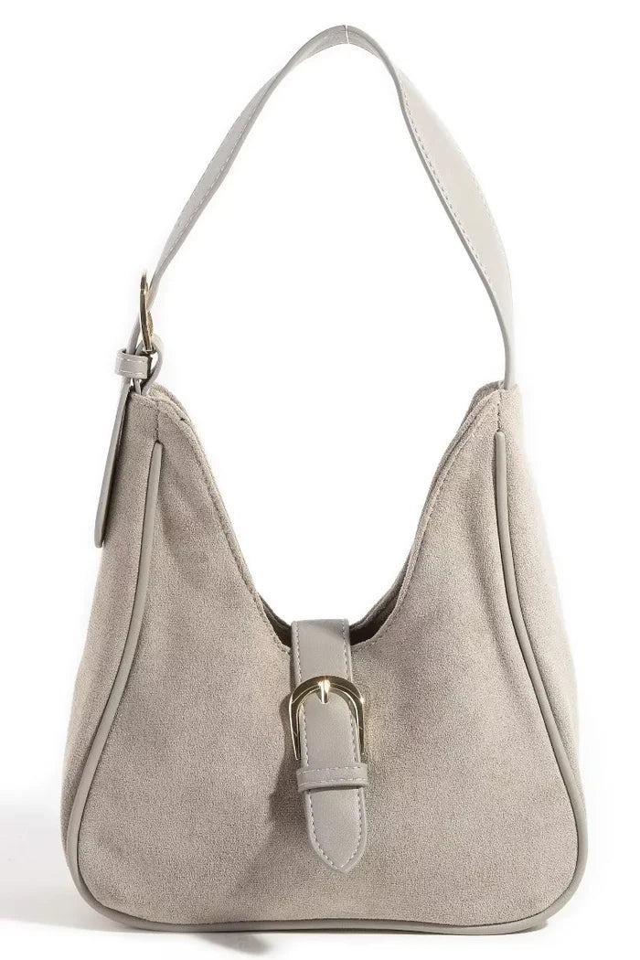 Fame Buckle Accent Faux Suede Hand Bag