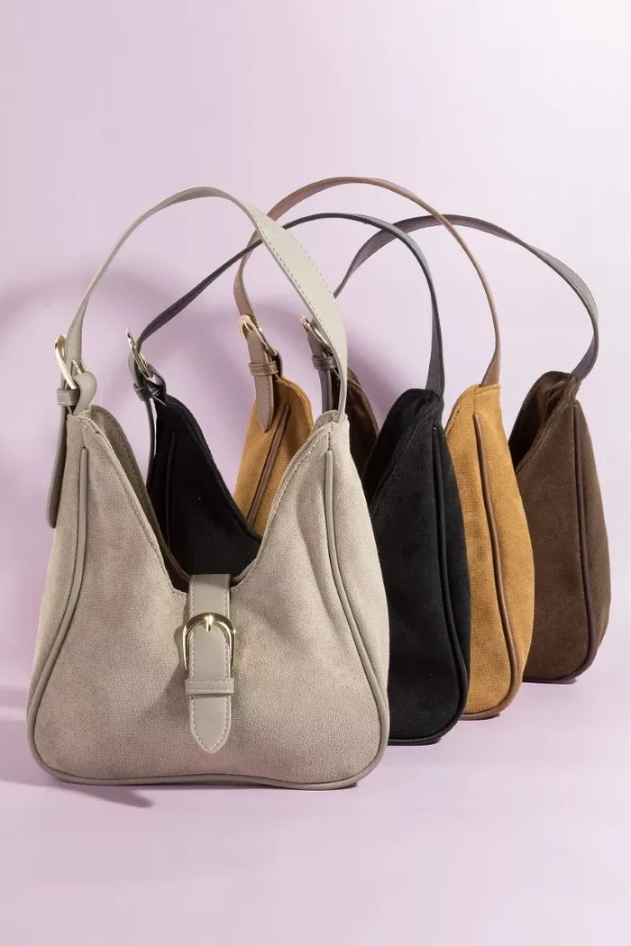Fame Buckle Accent Faux Suede Hand Bag