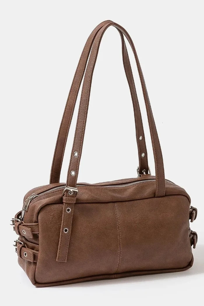 Fame Multi Grommet Belt Strap Rustic Rectangular Hand Bag