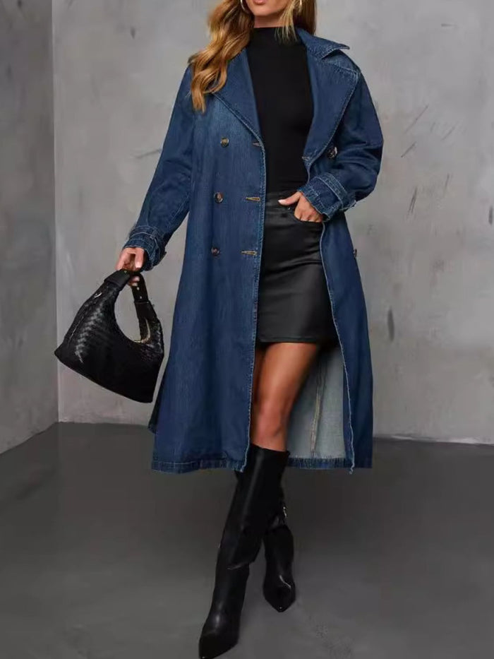Fashionable Longline Denim Jacket with Button Closure