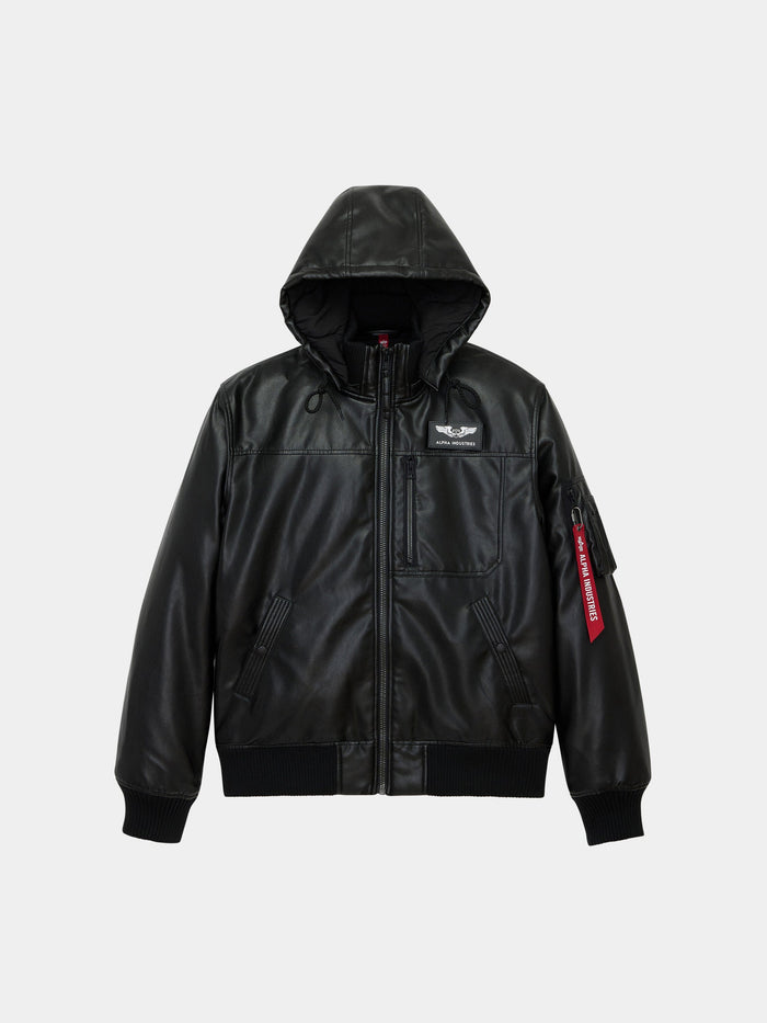 FAUX LEATHER HOODED RIB FLIGHT JACKET OUTERWEAR Alpha Industries BLACK XS