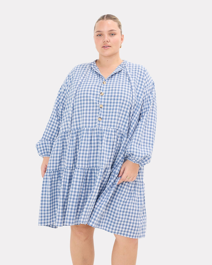 Avalon Smock Dress in Blue Gingham - Breastfeeding Access - The Lullaby Club